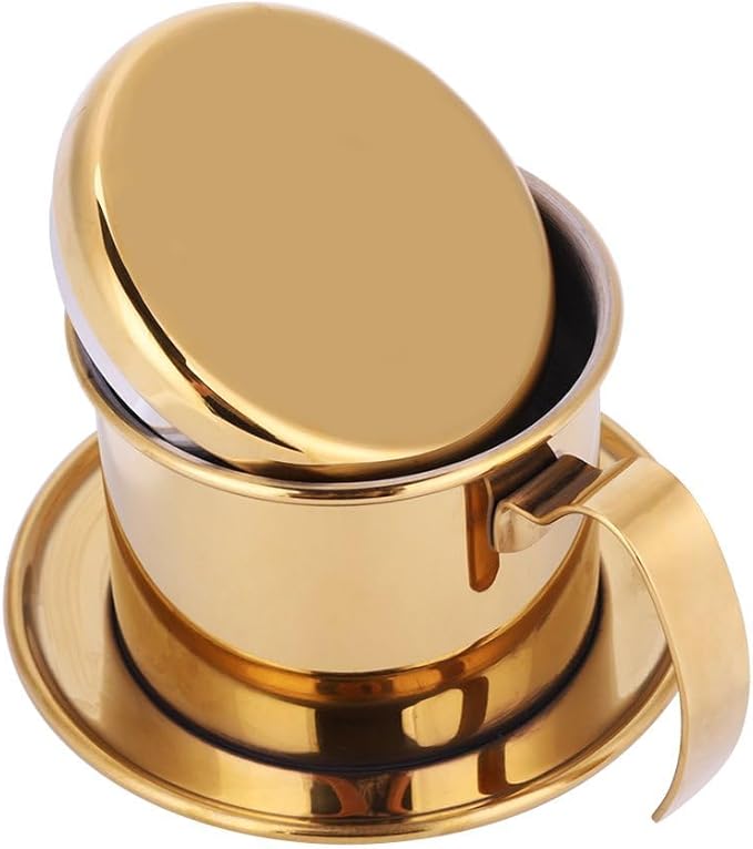 Vietnamese Coffee Dripper, Stainless Steel Vietnamese Coffee Maker Powder Capacity 15g, Heavy-Duty Small Phin Drip Filter, Dishwasher Safe, Home Use, Travel, Camping, Gift Sets (Gold)