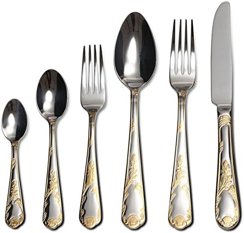Venezia Collection 75-Piece Fine Flatware Set, Silverware Cutlery Dining Service for 12, Premium 18/10 Surgical Stainless Steel, 24K Gold-Plated Hostess Serving Set (Hampton)