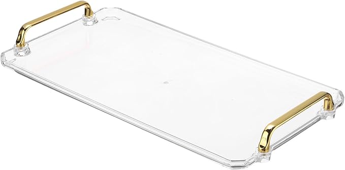 PATIKIL 16.1 x 8.7 Inches Plastic Serving Tray with Golden Handles, Reusable Tray Rectangular Party Platters for Dessert Coffee Tea Table, Living Room Kitchen Countertop, Transparent