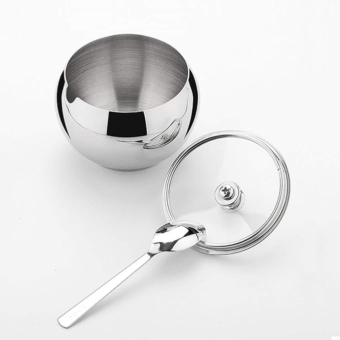 Stainless Steel Sugar Bowl with Lid and Spoon, Polished Shiny Condiment Pots for Serving Sugar Pepper Salt Spice- 330ml/ 11.6 Oz