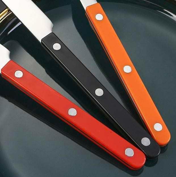 Silverware Set 6 pieces Stainless Steel Cutlery Set Color Handle with Rivet/Retro Style Flatware - Dinner Knife, Dinner Fork, Salad Fork,Soup Spoon,Teaspoon, Spreader (Orange), Regular