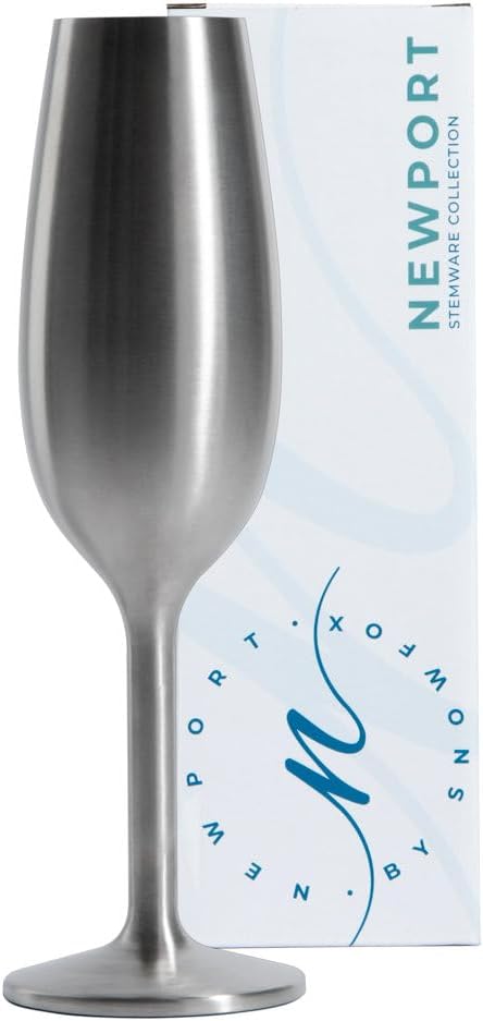 NEWPORT Stemware Collection, Premium Vacuum Insulated Stainless Steel Sparkling Wine & Champagne Flute, Crystal Thin Champagne Glass, Unbreakable & Drinks Stay Cold, Non-Slip Silicon Base, 6oz, White