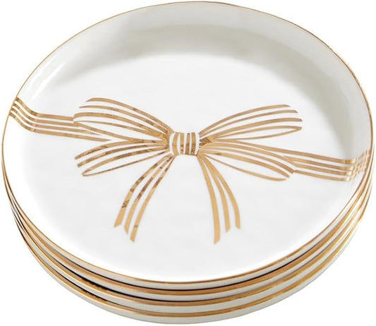 Santa Barbara Design Studio 4-Piece Christmas Appetizer Plate Set White Ceramic Small Plates, 5.25" Diameter, Gold Metallic Bow