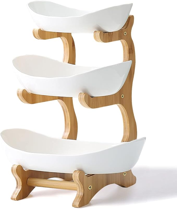 3 Tier Ceramic Fruit Bowl With Bamboo Wood Stand for Kitchen Counter,Porcelain Fruit Basket for Vegetable Storage,Snack Dessert Cake Tray Plate Rack for Party Wedding - White
