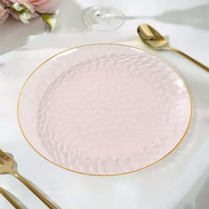 Efavormart 10 Pack | Transparent Blush Hammered 9" Round Plastic Dessert Appetizer Plates With Gold Rim, Disposable Salad Party Plate