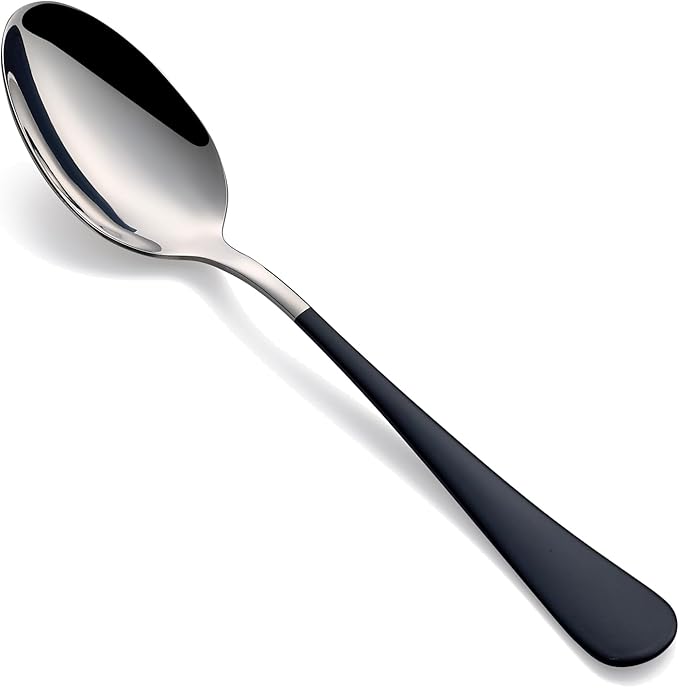 Dinne spoons Set 24 Piece,Black Handle Silverware 18/0 Stainless Steel Flatware Bulk 7.3-inch Dessert Spoons Sets Table of 24,Mirror Finished Dishwasher Safe