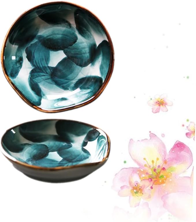 2PCS Handcrafted Ceramic Plates Small Handpainted Snack Dishes for Boys and Girls Retro Japanese Style Sauce and Dipping Bowls for Appetizers and Condiments
