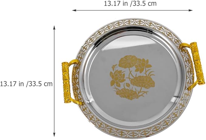 Zerodeko Stainless Steel Tea Tray Tea Serving Platter with Handles European Serving Tray Round Dinner Plate Retro Fruit Tray for Food Fruit Coffee Tea Golden, 33.5X33.5CM