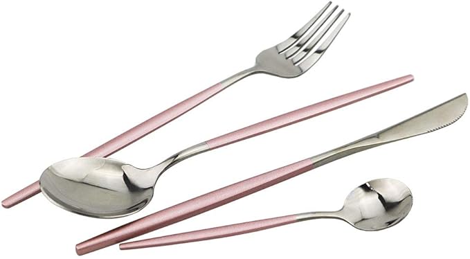 JASHII 24pc Titanium Pink Plated Stainless Steel Flatware Set, Pink Handle Silver Mouth Cutlery Service for 6