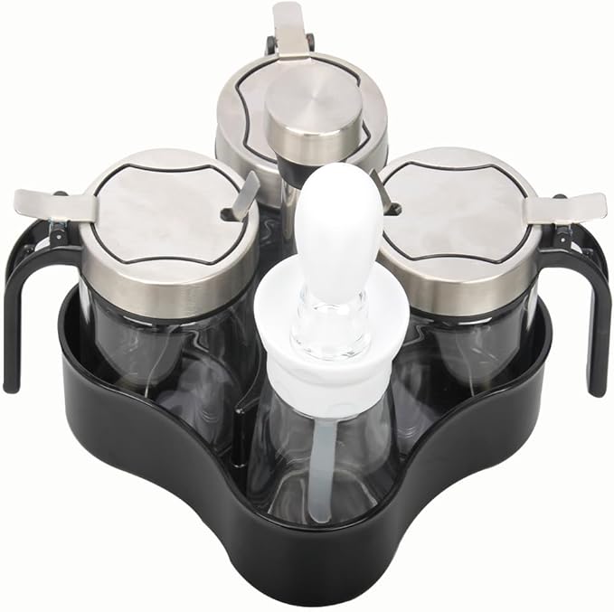 TINMIX Revolving Condiment Pots Sugar Bowl Salt & Pepper Cellar with Lid and Spoon, Set of 4 Seasoning Box Spice Jar with 360 Rotating Tray for Kitchen, 3 Pots+1 Oil Dispenser