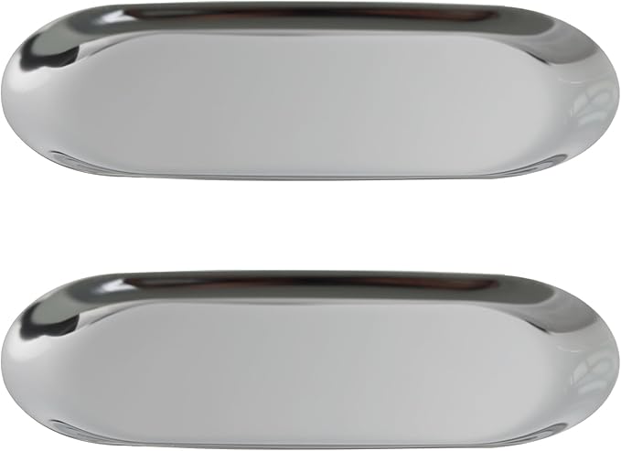 2Pcs 9x4inch Stainless Steel Decorative Trays, Oval Jewelry Dish Cosmetics Organizer, Silver Serving Platter for Bathroom Vanity Dresser Storage
