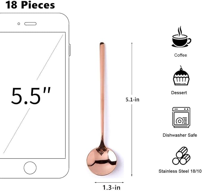 18 Pack Espresso spoons 18/10 Stainless Steel Teaspoons Set for Coffee Sugar Dessert Cake Ice Cream Soup Antipasto Cappuccino, 5.3 Inch