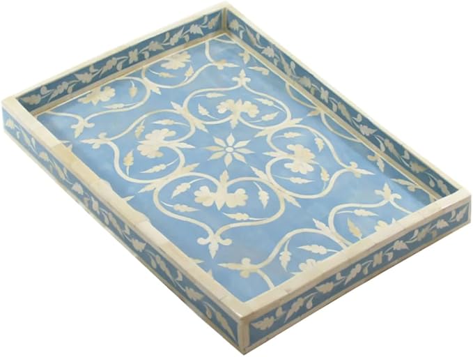 Hansa Handmade Bone Inlay Serving Tray Rectangle Tray Handcrafted Sky Blue Decorative Display Basket for Dining