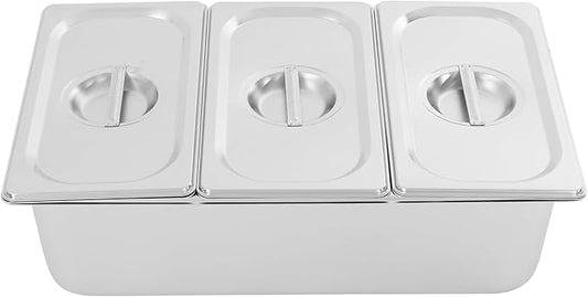 3 Pans Ice Food Serving Display Container, Stainless Steel Serving Tray Catering Supplies Buffet Display Condiment Dispenser Plate Case with Acrylic Replaceable Lids for Restaurant Hotel Kitchen