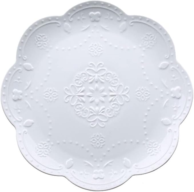YBK Tech Elegant Round Embossed Lace Plate, Ceramic Serving Plate for Breakfast Afternoon Tea (White, 6-inch)