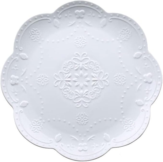 YBK Tech Elegant Round Embossed Lace Plate, Ceramic Serving Plate for Breakfast Afternoon Tea (White, 8-inch)