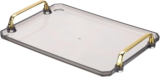 PATIKIL 12 x 8.6 Inches Plastic Serving Tray with Golden Handles, Reusable Tray Rectangular Party Platters for Dessert Coffee Tea Table, Living Room Kitchen Countertop, Gray