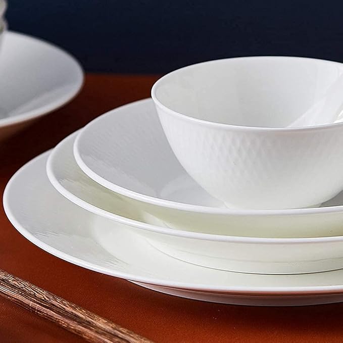 Elegant Fine Dinnerware Set,White Porcelain Dinnerware Set, Ceramic Plates and Bowls Sets, Vintage Round Dishes Set Dinner Plates for Kitchen/Dining, Service for 6