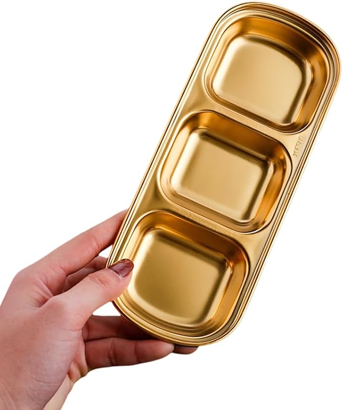 3 Piece Stainless Steel Sauce Tray, Divided Dipping Tray, 3 Compartment Appetizer Serving Tray for Sauce, Ketchup, Dressing, Silver, 8 X 3 Inches (3 Compartments in Gold Color)