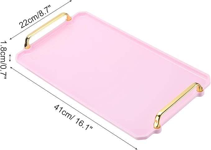 PATIKIL 16.1 x 8.7 Inches Plastic Serving Tray with Golden Handles, Reusable Tray Rectangular Party Platters for Dessert Coffee Tea Table, Living Room Kitchen Countertop, Pink