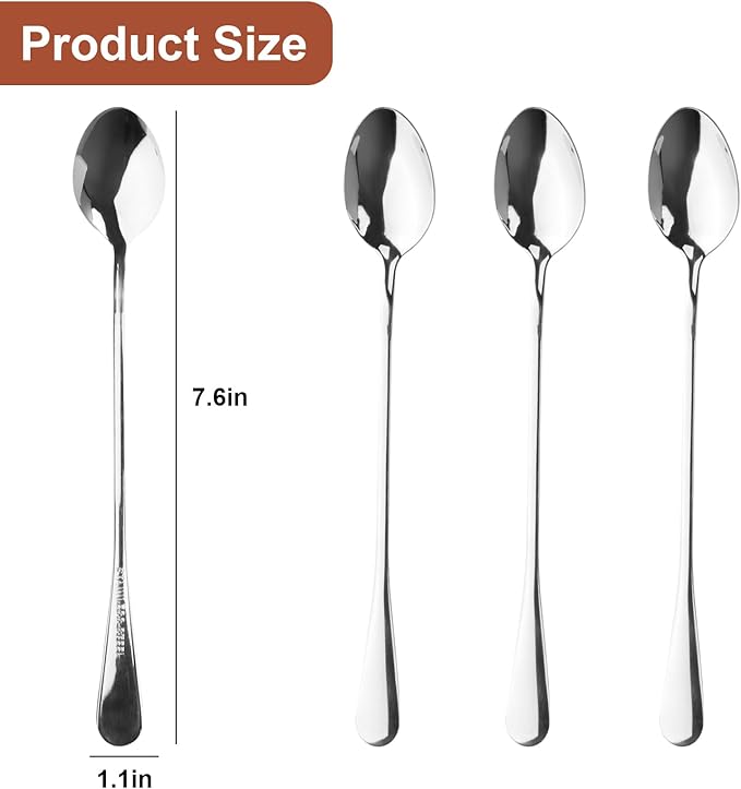 Stainless Steel Coffee and Dessert Spoons - Long Handle Teaspoon (4 Pcs, 7.6 Inches)