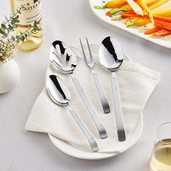 Skyscraper 4-Piece Serving Utensils Set, 18/8 Stainless Steel, Extra Heavy Weight, Silver, Brushed Satin and Mirror Polished Finish, Dishwasher Safe