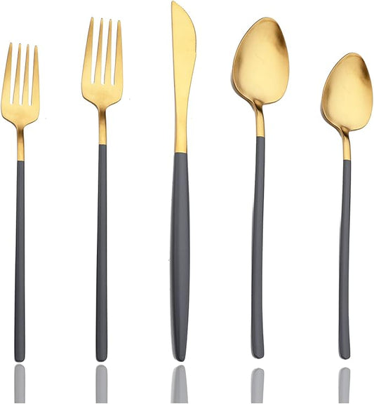 JASHII Slim Handle Silverware Set 20 Pieces, 304 Stainless Steel Colorful Flatware Set, Titanium Plating Cutlery Set, Utensil Sets for Home Dinner Service for 4, Dishwasher Safe - Dark Grey&Gold