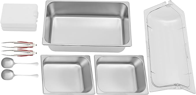 2 Pans Countertop Food Serving Display Container, Stainless Steel Flip-Top Fruit Tray with Clear Roll Top Cover, Buffet Chilled Condiment Container for Restaurant Hotel Kitchen