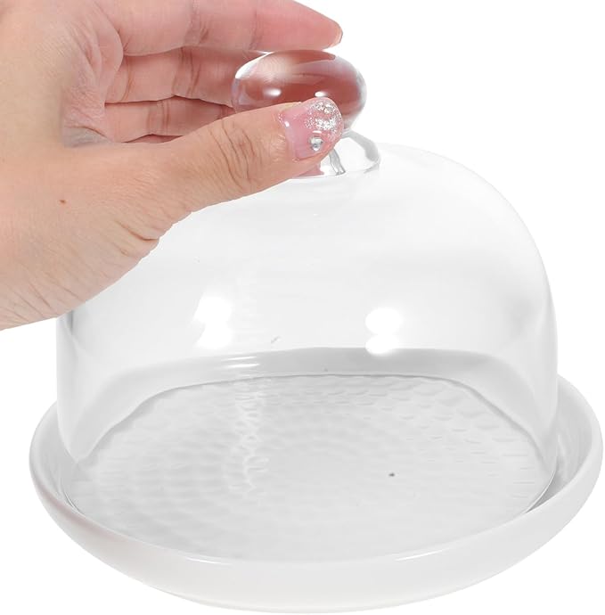DOITOOL Ceramic Cake Stand with Glass Dome Cover White Ceramic Cake Plate Server Round Clear Glass Dome Dessert Plate for Home Kitchen Party Use, 5.9 x5.9 x 4.7 inches