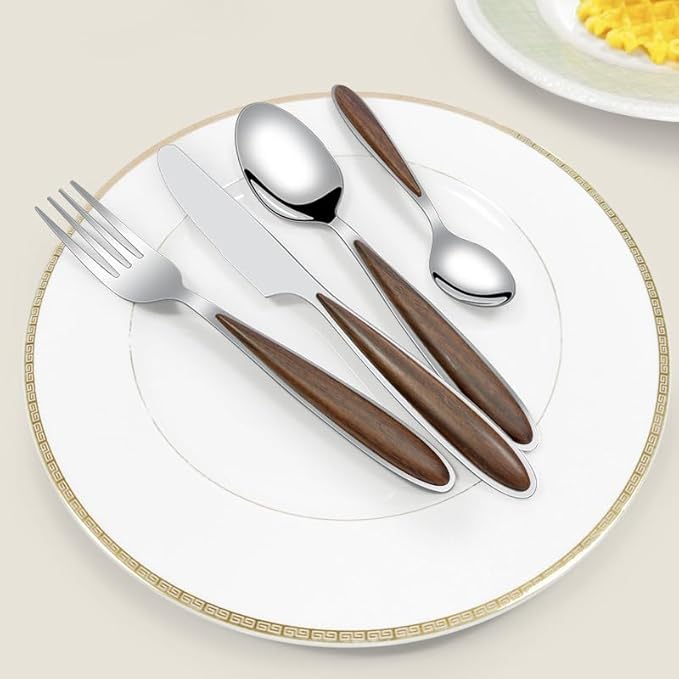 Stainless Steel Flatware serving set,Home Kitchen Eating Tableware Set,Dishwasher Safe,For Home Kitchen Restaurant Hote 5/20/30/40 Piece Stainless Steel Cutlery Steak Knife, Fork And Spoon Set Wood Gr