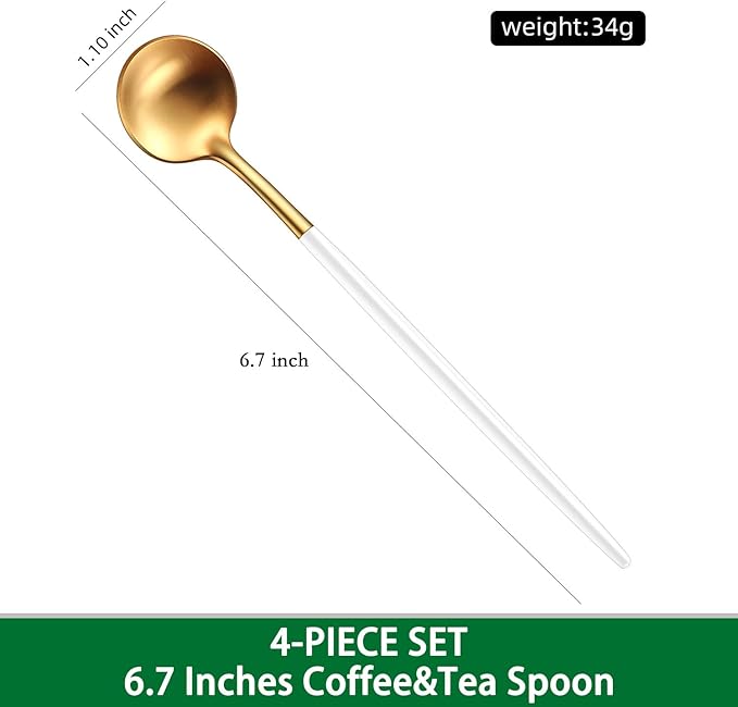 6.7 Inches Satin Gold Stainless Steel 18/10 Coffee Spoons Set With White Handle,Set Of 4 Teaspoons,Brushed Gold Small Tea Spoons For Dessert,MIni Coffee Stirring Spoon