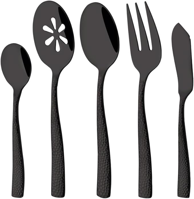 Serving Utensils Set, 5-Piece 18/8 Stainless Steel Hostess Serving Set, Elegant Hammered Serving Utensils for Home Restaurant and Buffet Catering, Heavy and Mirror Polished, Black
