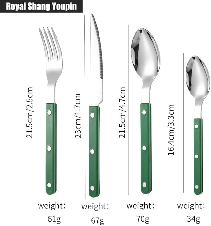 Rivet ABS Clamp Handle Kitchen Stainless Steel Silverware Tableware Flatware Cutlery Set Steak Knife Fork Spoon Teaspoon Western Tableware Butter Knife Set (Green,4 pieces)