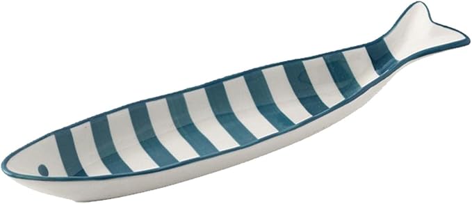 Ceramic Fish Shaped Serving Dish, Red and White Striped Pattern, Appetizer Snack Plate, Microwave Dishwasher Safe, 12x7 Inch (Cyan Stripes)