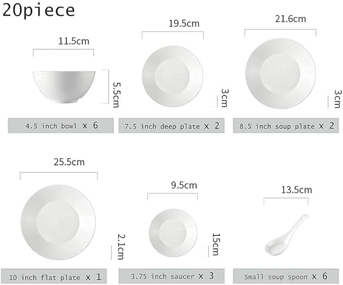 Fine Dinnerware Set,White Porcelain Dinnerware Set, Ceramic Plates and Bowls Sets, Vintage Round Dishes Set Dinner Plates for Kitchen/Dining, Service for 6