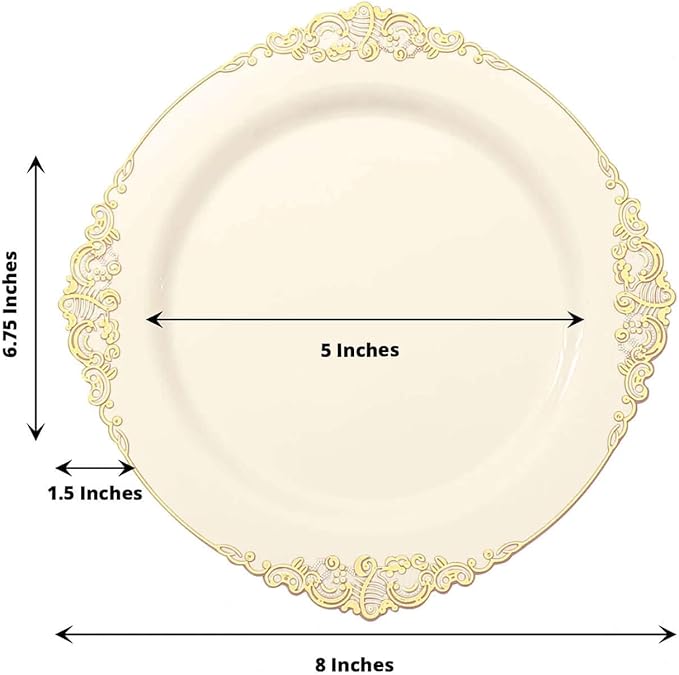 8" Salad Plates -Set of 20 - Plastic Ivory Round Baroque Disposable Chargers Leaf Embossed Rim, Ideal for Dinner Party Wedding Bulk Events