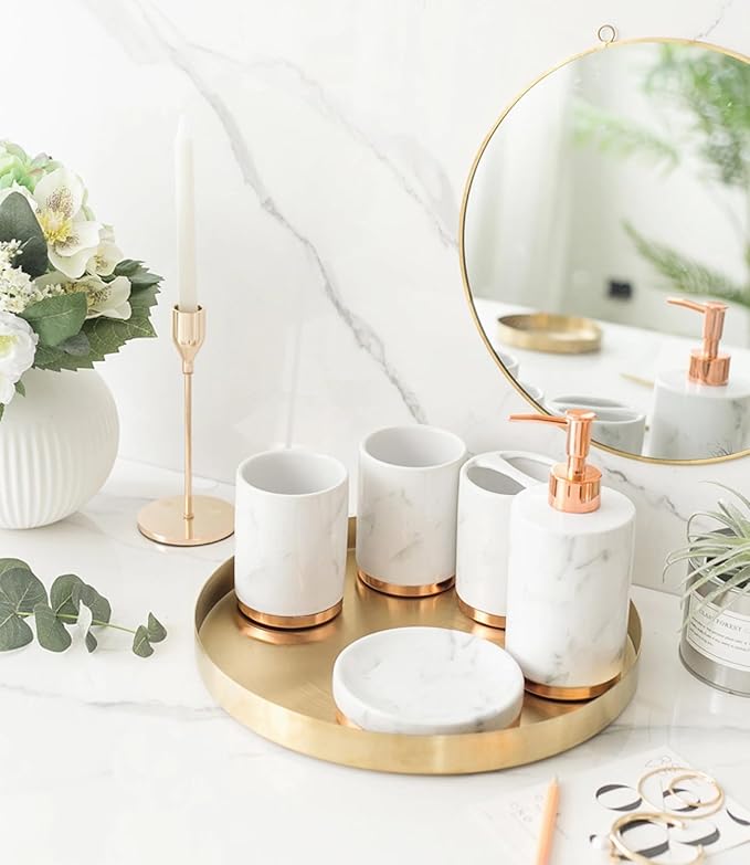 Beautiful Stainless Steel Round Tray - Gold Jewelry Dish & Makeup Organizer for Vanity, Bathroom, Dresser & Serving Tray for Drink, Breakfast, Tea, Dinner (L-12 inch)