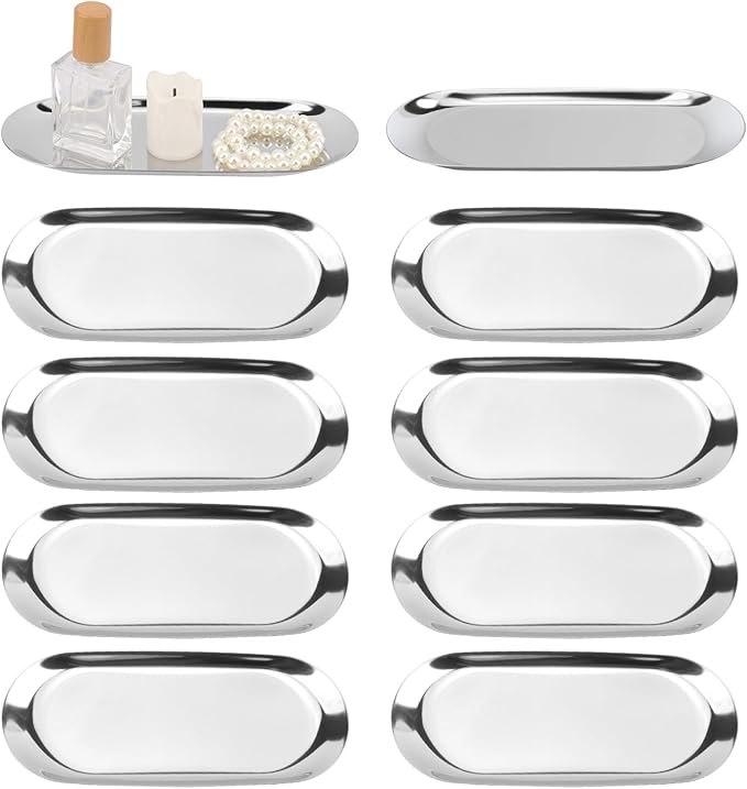 10 Pack 9 Inch Oval Stainless Steel Decorative Tray, Stainless Steel Tea Fruit Tray, 9 inch Silver Oval Trays for Bathroom Vanity, Jewelry, Perfume & Key Organizer (Silver)