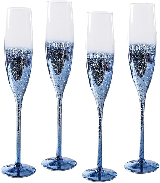 Blue Crystal Wine Glasses Set of 4 Champagne Flutes,Starry Sky Glass for Wedding and Champagne (4, Champagne Flute-Blue Starry Sky)