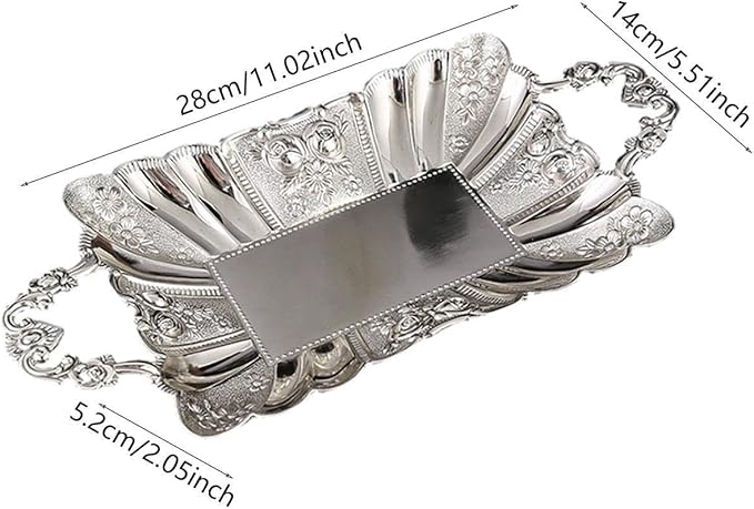 Metal Serving Tray with Handles 11.02x5.51x2.05inch European Style Mirror Fruit Plate for Candy Cupcake Dessert Bar Countertop Table Centerpiece Decor- Silver