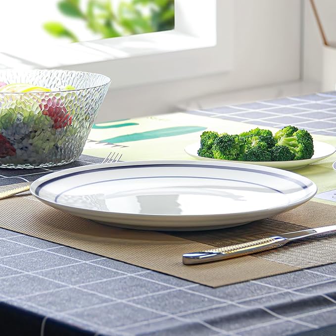 YFWOOD Ceramic Dinner Plates Set Of 6, 8 Inch Salad Plates, Contemporary Round Porcelain Tablewar, Suitable for Desserts, Appetizer, Pasta, Microwave Safe - White & Blue Double Line