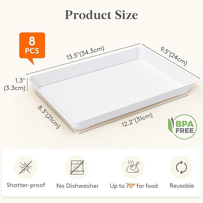 Lifewit Plastic Serving Platter for Party Supplies, 8 Pcs White Platters for Serving Food, Reusable Tray for Buffet, Fruit, Charcuterie, Snack, Rectangle, Holiday Christmas Essentials, BPA Free