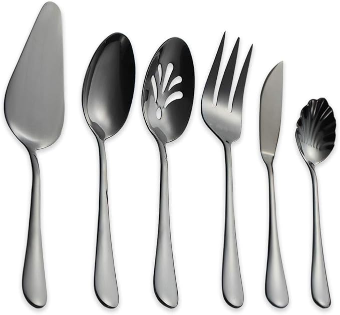 Berglander Stainless Steel Black Titanium Plated Flatware Serving Set 6 Pieces, 5 Serving Pieces of 45 Pieces Flatware With 1 Cake Server, Serving Silverware Set (Shiny Black)