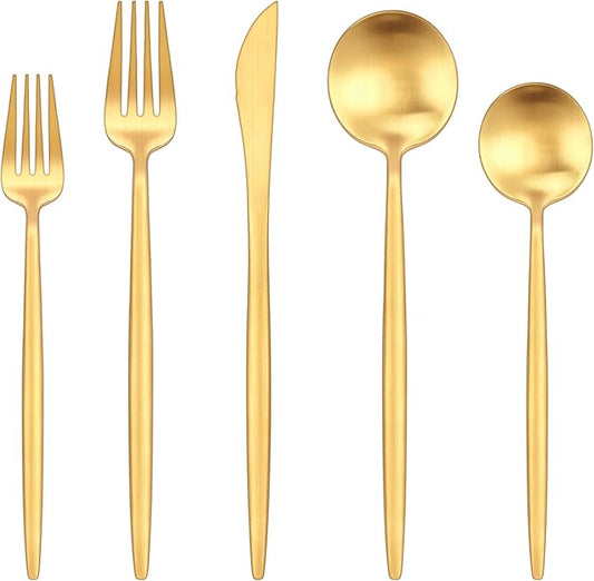 Gold Silverware Set,Ollex 60-Piece Modern Silverware Set for 12 with Knives Forks Spoons Matte Flatware Set Food-Grade Stainless Utensils Satin Finish Tableware Cutlery Set,Dishwasher Safe