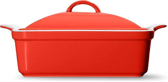 Stoneware Casserole Dish Bakeware with Lid | Covered Square Dinnerware | Medium 2 Quart, [Passion Red]
