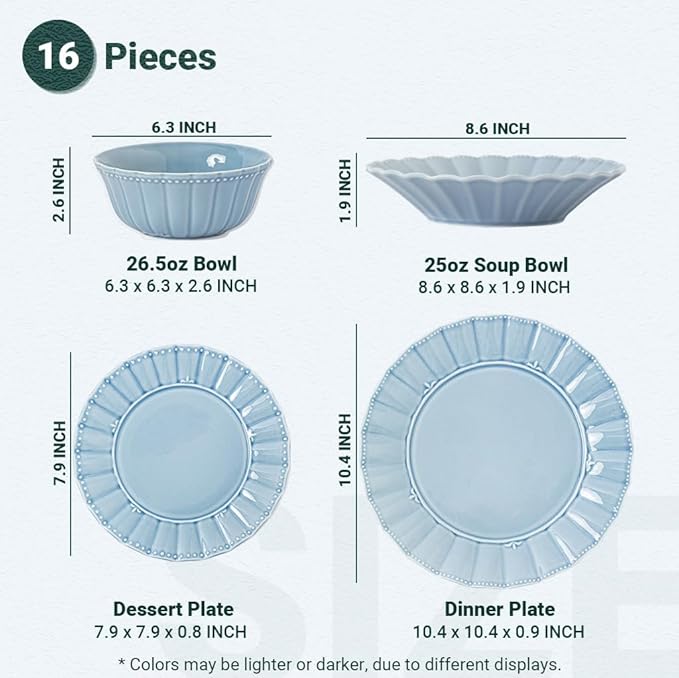 HOMBENE Dinnerware sets, 16 Piece plates and bowls sets for 4, Ceramic dish set, Porcelain dish set, Farmhouse premium kitchen decor, Microwavable safe, Celestial Blue