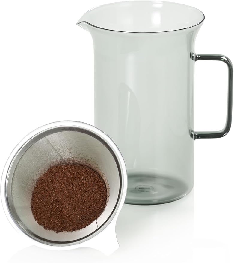 AdHoc Pour Over Coffee Maker - Manual Brewer for Ground Coffee - Reusable Stainless Steel Filter - Heat-Resistant Glass Coffee Dripper - Dishwasher Safe