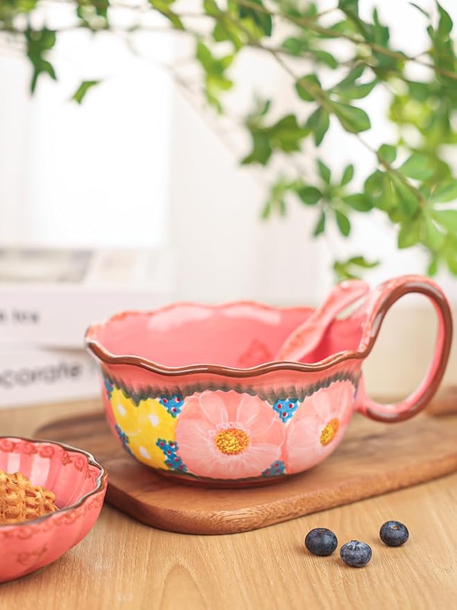 silesia Handmade Ceramic Soup Bowl, 30 oz Hand Painted Bowl with Loop Handle, Floral Design Cereal Bowl for Soup, Ice cream, Snack, Microwave & Dishwasher Safe (Glazed Pink)