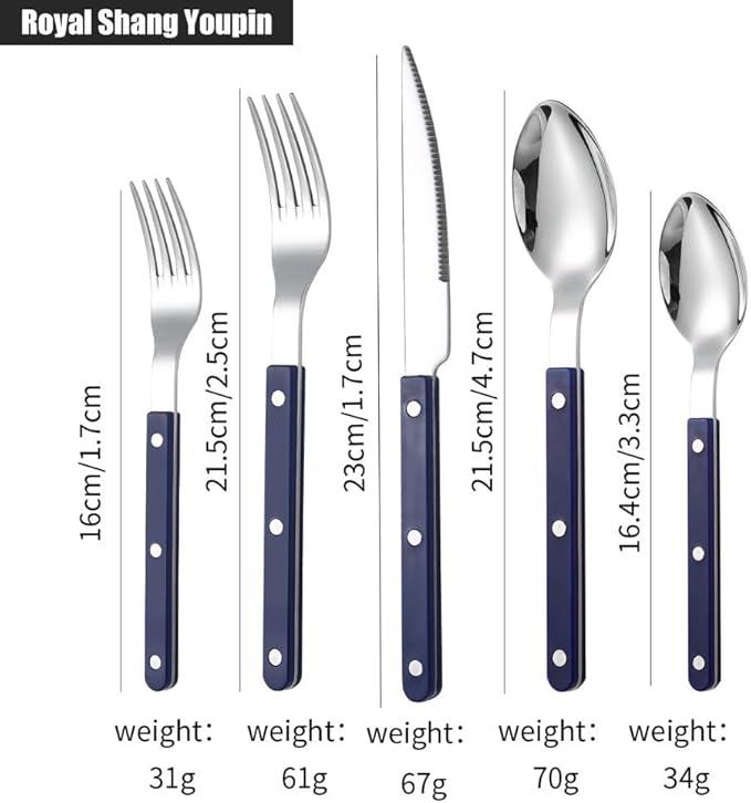 Rivet ABS Clamp Handle Kitchen Stainless Steel Silverware Tableware Flatware Cutlery Set Steak Knife Fork Spoon Teaspoon Western Tableware Butter Knife Set (Blue,20 pieces)