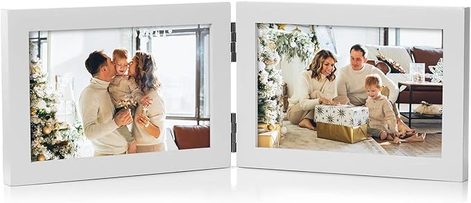 4x6 Double Horizontal Hinged Picture Frame Folding Photo Frame in White Pine Wood with Real Glass for Tabletop P-BAI-2H46